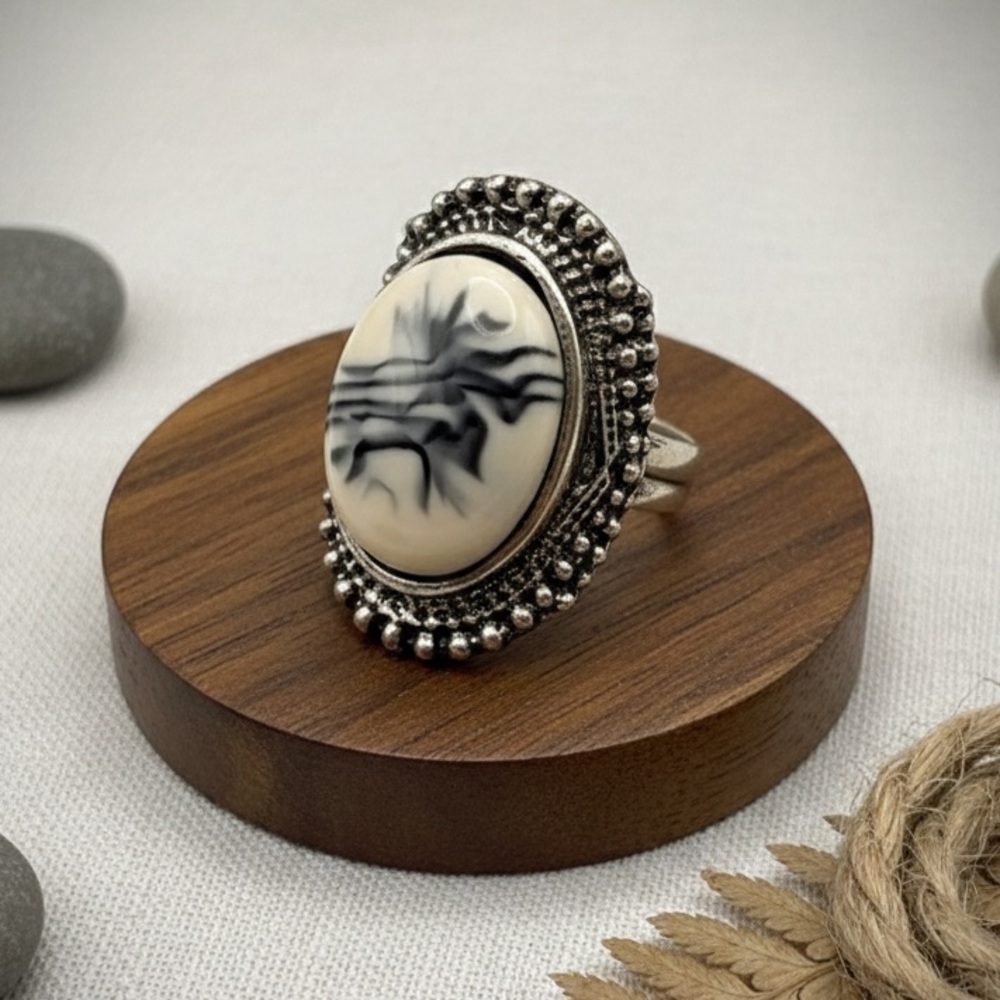 Silver-Tone Dendritic Agate Statement Ring